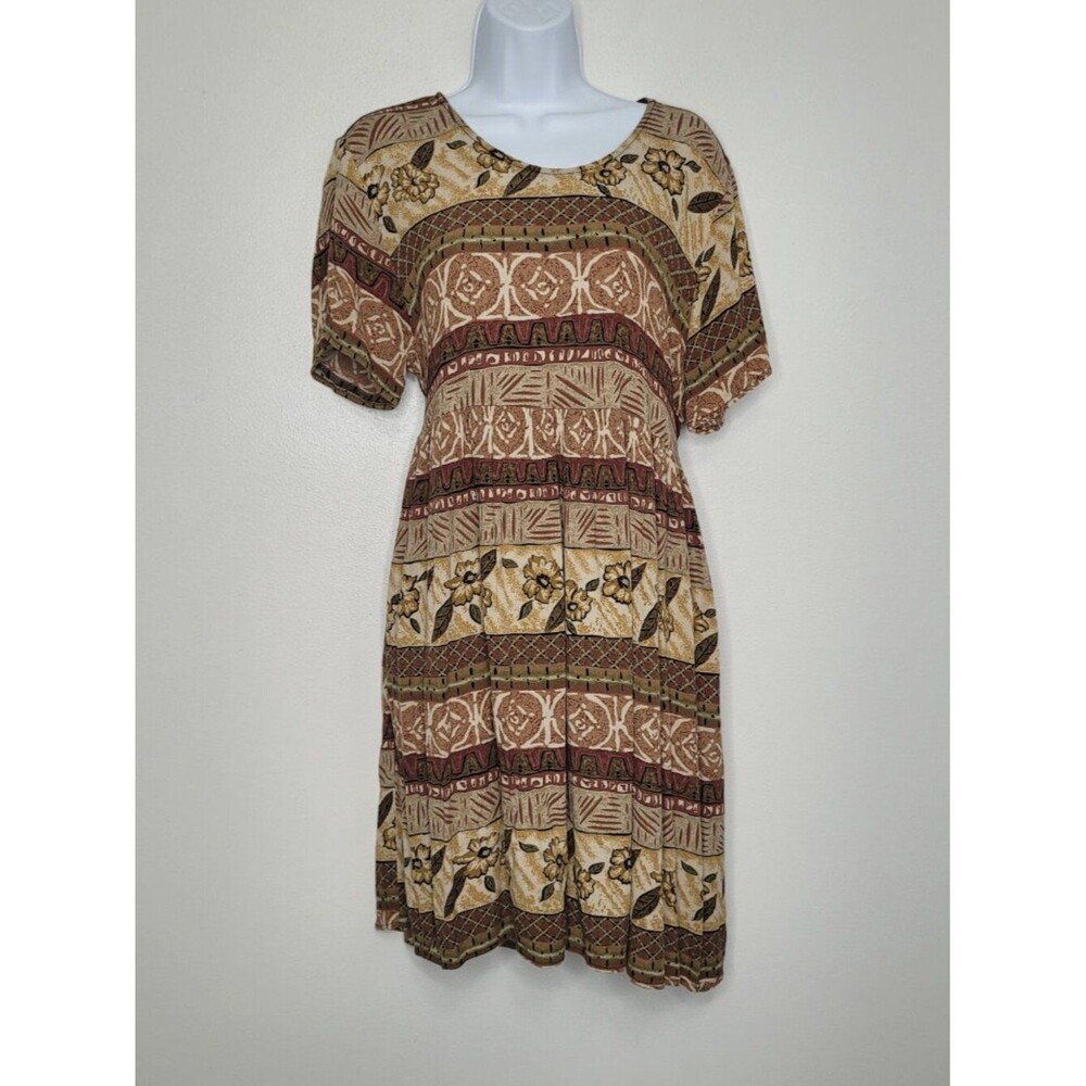 RM brown black mixed tribal artsy print midi tie back short sleeve dress